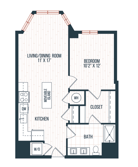 Floor plan for 1 bed, 1 bath, 686 sqft